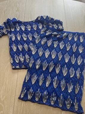 Vintage Dominique Silk Top With Skirt Blue Size Large, Sequins, No Tag On Skirt